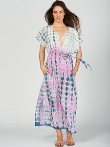 SRJ EXPORTS Tie Dye Bohemian Maxi <b>Dress</b> Cap Sleeve Criss-cross Neckline <b>Loose</b> Fit Ankle Length Pockets Chiffon Women's <b>Dress</b> - Product Image 2