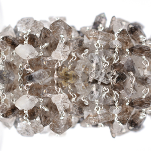 Chaîne de chapelet en quartz diamant Herkimer brut, 5-8 mm, enveloppée de fil de laiton plaqué rhodium, vendue au mètre - Product Image 2