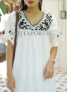 Traditional Indian Floor-Length Bohemian Folk <b>Kaftan</b> Dress Floral Embroidery Aari Chain Stitch 100% Cotton Breathable <b>Summer</b> - Product Image 4