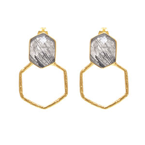 Meilleure qualité solide 925 boucles d'oreilles pendantes en argent Sterling à la mode fantaisie noir rutile pierre précieuse plaqué or à la main concepteur mariages - Product Image 1