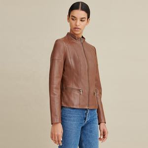 Chaqueta de cuero de vaca con cremallera para mujer, cazadora larga ajustada de cuero de vaca, Color marrón Real, último diseño, 100% - Product Image 4