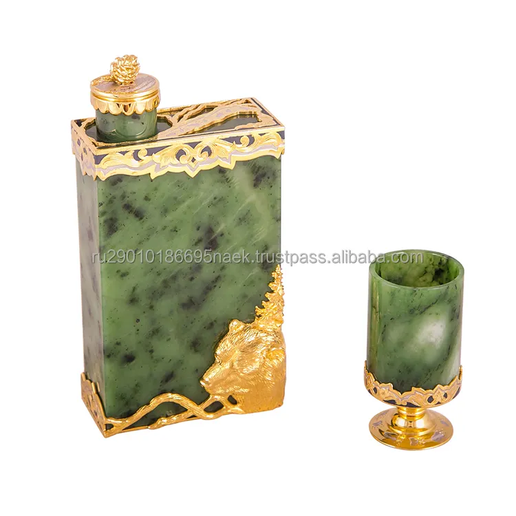 Hunting set "Rod" (flask glass jade) traditional metal flask and pile and a unique "stone" set of jade present set