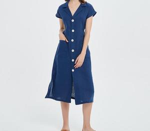 Robe chemise en lin noir, col à revers, boutonnée sur le devant, ourlet fendu, longueur midi, tenue formelle ou quotidienne, manches courtes, couleur unie, tissu tissé - Product Image 4