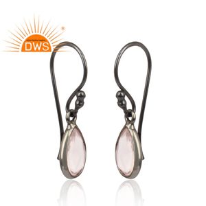 Pear Shape Rose Quartz Gemstone Earrings Wholesale Black Rhodium Plated Designer 925 Silver Dangle Earrings Jewelry - Product Image 2