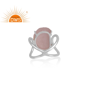 Raw Rose <b>Quartz</b> <b>Ring</b>, Rough Gemstone Prong Set <b>Ring</b> Jewelry Wholesaler 925 Sterling Fine Silver Cross Band <b>Ring</b> Supplier - Product Image 4