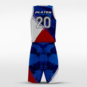Ensemble de maillots de basket en gros, sublimés, col en V, sans manches, anti-humidité, coupe athlétique, uniforme pour hommes, rouge, bleu, blanc - Product Image 6