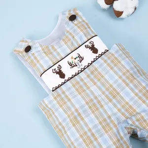 Animale sveglio plaid ragazzo smocked longalls con renne e anatra-BB1585