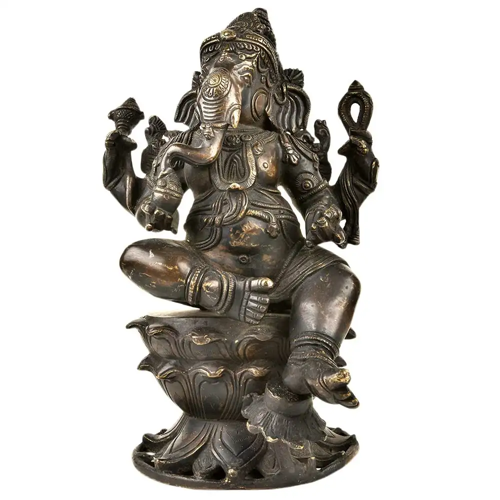 Handmade Antique Brass Lord Ganesha Seated Relaxed Lotus Lord With Black Polish Statue Statement Pieces Decor Gift Items