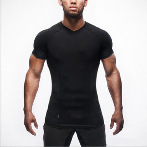 T-shirt personnalisé à col en V pour homme, tissu velours, compression musculaire, vêtements de sport, entraînement de fitness, hauts de sport, course à pied, exercice de printemps - Product Image 3