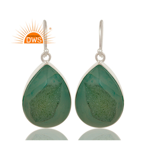 Pendientes Colgantes de Plata de Ley 925 de Alta Calidad con Ágata Druzy Verde Natural para Mujer, Fabricante de Joyería - Product Image 1