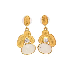 Gold Handmade Gemstone Milky Chalcedony & White CZ Earrings