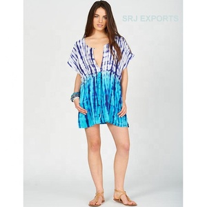 Vestido Mini de Rayón Chiffon con Estampado Tie Dye de SRJ EXPORTS, Cuello en V, Manga Corta, Estilo Bohemio, Holgado, con Cinturón, Casual de Verano para Mujer - Product Image 1