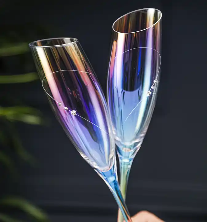 iridescent glass toasting flutes with diamond