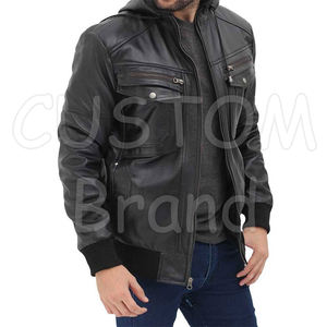 แจ็กเก็ตหนังเข้ารูปสำหรับผู้ชาย, เสื้อแจ็คเก็ตหนังเข้ารูปคอตั้งโลโก้ด้านหน้าอบอุ่นดีไซน์เป็นกระเป๋าแฟชั่นกันลม - Product Image 3