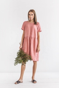 Rosa Pastel de lino ropa Casual suelta ajuste de la longitud de la rodilla las mujeres hermosas de lino túnica hermosa ropa de verano Casual vestido de - Product Image 5