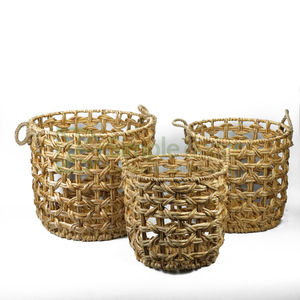Customized Wholesale Belly Straw Basket Woven Water Hyacinth Natural Handmade Storage Basket with Handles