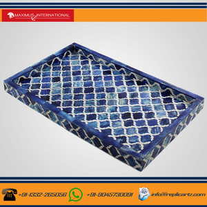 Plateau de service rectangulaire de luxe Replicartz en os bleu incrusté | Organisateur de table basse décoratif fait main pour la décoration intérieure - Product Image 2