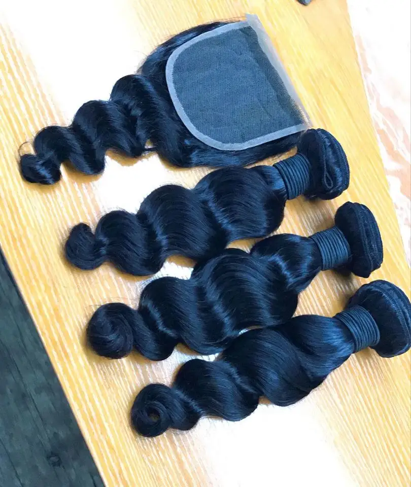 Loose wave hair extensions 3 bundles with 1pc lace closure 4*4 for full head natural black color dyeable Brazilian human hair