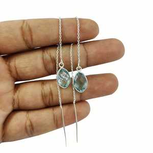 Juego de bisel Marquesa de piedra de nacimiento, pendientes enhebradores de plata de ley chapada en oro, pendientes de hilo de oreja delicada, regalo para ella - Product Image 5