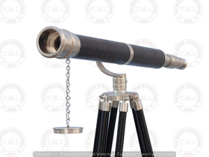 Télescope principal de port en laiton chromé nautique de 27 "et cuir noir avec télescope debout au sol en bois Télescope de navigation extérieure - Product Image 3