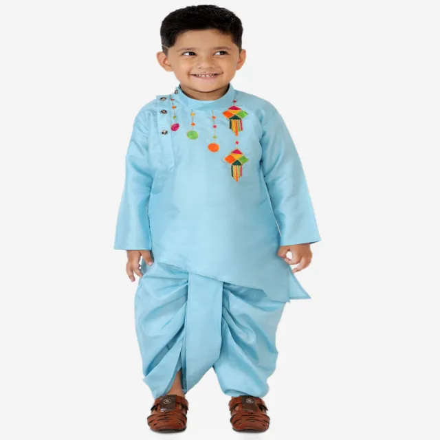 Kurta เสื้อผ้าเด็กสไตล์ใหม่,เสื้อผ้าเด็กสไตล์ชนเผ่าชุดผ้าฝ้ายอินเดียพิมพ์ลายสีฟ้า