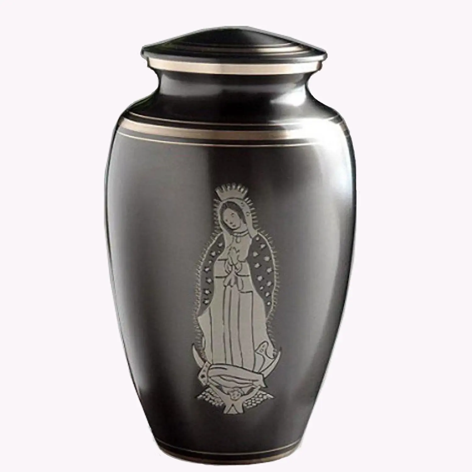 Our Lady of Guadalupe Religious Black Brass Cremation Urn for human ashes