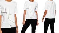 T-shirt décontracté pour femme à col rond et manches courtes, grande taille, en popeline de polyester, viscose et élasthanne, avec détail volanté long, teint uni