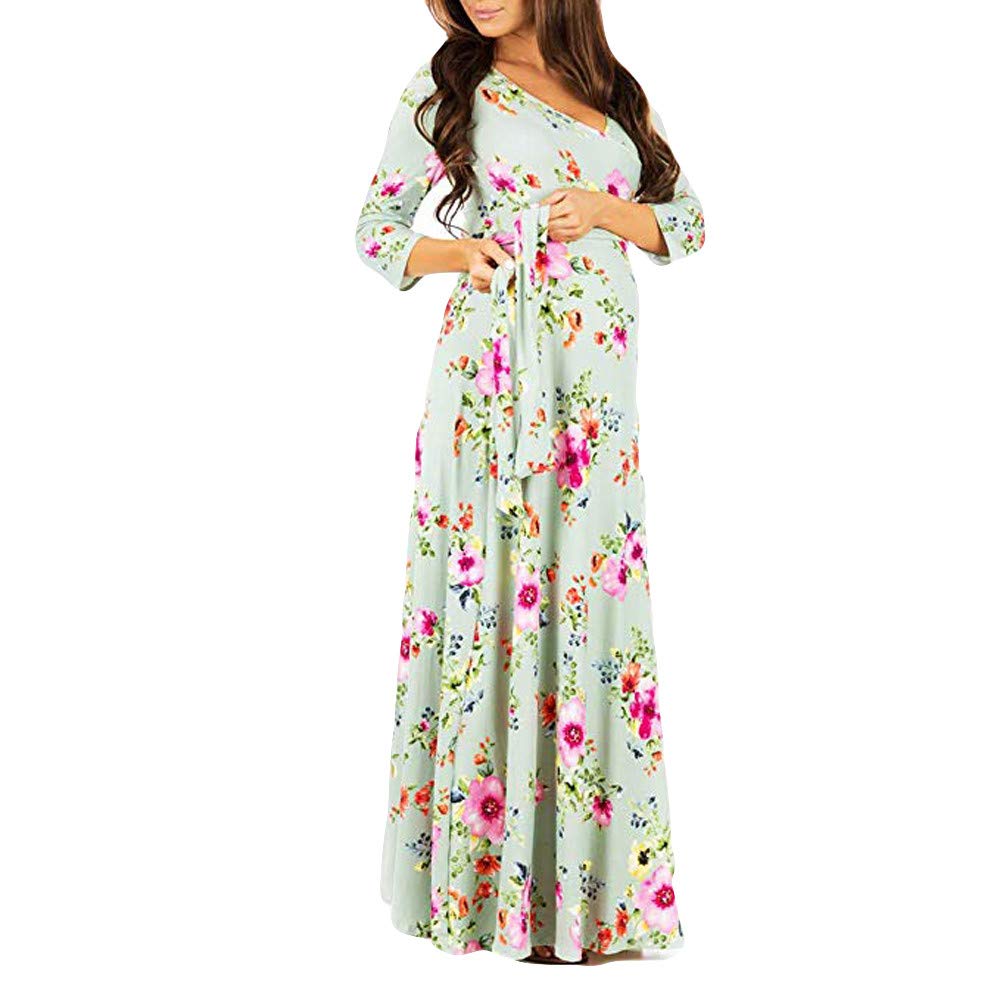 chinese dress ladies Momyknows Floral Print U-Neck Cascading Ruffle Elegant Baby Shower  Maternity Maxi Dress