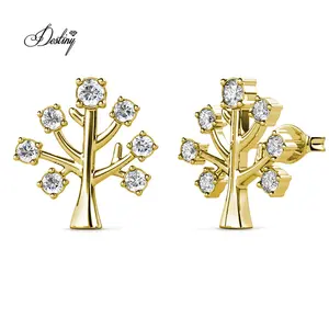 Destiny Jewellery Latest Plant Design of 18k Gold Plated Hypoallergenic Tree of Life Austrian Crystal Stud Earrings