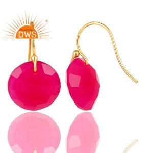 Proveedor de pendientes redondos de piedras preciosas de Calcedonia rosa, pendientes de gancho de plata 925, fabricante de joyas chapadas en oro de 14k - Product Image 2