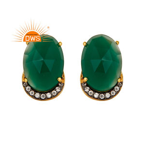 Green Onyx Gemstone Zircon Set Earrings Indian Gold Plated Jewelry Designer Sterling <b>Silver</b> <b>Stud</b> Earrings Wholesale - Product Image 2