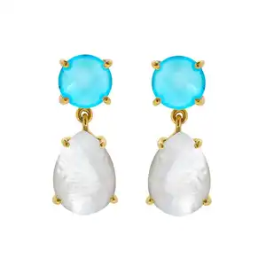 Blue Topaz Hydro & Pearl Double Drop Gold Gemstone Cocktail Earrings