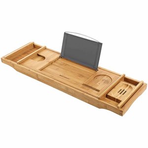 Hotel Luxury Natural Bamboo Extending Bathtub Shower Caddy Bridge Tablet Book Reading Rack Bathroom Wood Over Bath Tub Tray