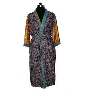 Women Vintage <b>Silk</b> Saree Casual <b>Kimono</b> Hippie Sari Boho Nightgown Indian <b>Silk</b> Sleepwear - Product Image 1