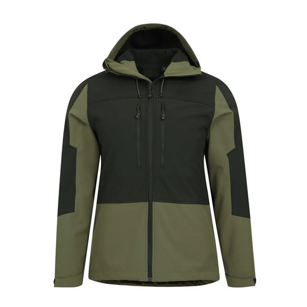 Dark Khaki Color Men Softshell Jacket With Hood Fleece Lined Waterproof Lightweight Outerwear Full Zip Hiking Work Travel