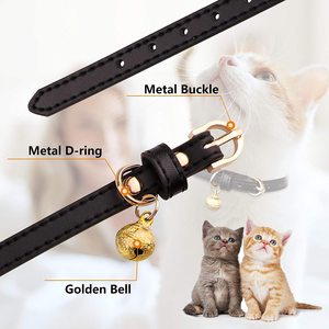 High Quality Durable Soft Genuine Leather Cat Collar With Golden Bell D-Ring Attaching Metal Buckle - Product Image 2