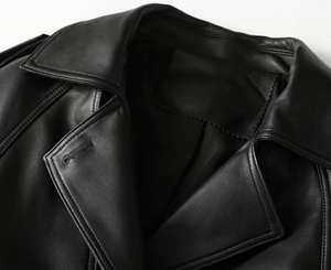 Gabardina de piel de oveja auténtica para mujer, abrigo negro Vintage de cuero hecho a mano hasta la rodilla - Product Image 6