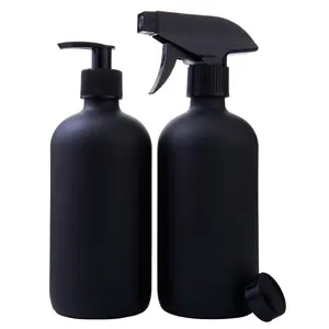 黑色涂层玻璃波士顿圆瓶，带平盖、肥皂泵和喷雾先生喷嘴-2套16盎司罐子