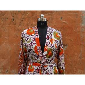 Multi-Colour Up-cycled Sleepwear Vintage <b>Silk</b> Saree Floral <b>Kimono</b> Indian Handmade Maxi Gown Dress Style Knee Length Bathrobe - Product Image 3
