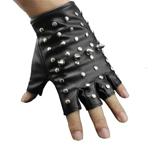 Guanti da motociclista in pelle con borchie, mezzo dito, senza dita