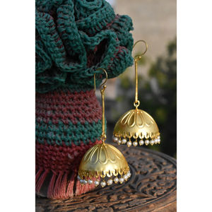 latest fashion traditional designer indian style golden brass hoop <b>long</b> big jhumka <b>earing</b> for women and girls - Product Image 4