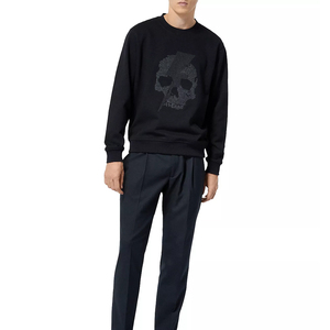OEM Wholesale Custom High Quality Cotton Skull print <b>Black</b> <b>fleece</b> Crew Neck sweat Shirt for men as per customer requirement. - Product Image 2