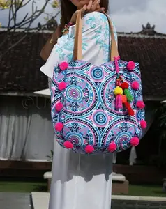 Summer holiday Print Bags With Pom Pom Side Resort Bag Fashion Traveling bags and purses 100% cotton