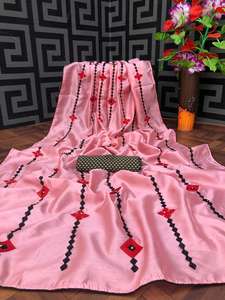 Dernier festival attrayant Saree Katan soie avec travail brodé et travail de conception de fleurs et chemisier non cousu femmes Saree Apparelgarment - Product Image 3