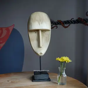 Wooden Primitive Mask Hand Carved with Metal Stand for Tabletop Decoration