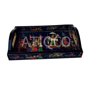 Bandeja de Servir Atiqco de Madera de Cerezo con Diseño Floral Multicolor Pintado a Mano - Product Image 2