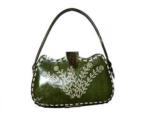 Sac à main en cuir vert Lowellcraft avec broderie florale, fermeture éclair, fait main, usage quotidien, léger, 7 pouces - Product Image 1