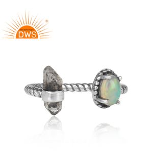 Anillo de banda abierta de plata de ley sólida con diamante Herkimer de ópalo etíope, joyería de piedras preciosas, Colección delicada - Product Image 2