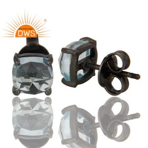 Cushion Cut Blue Topaz Gemstone <b>Studs</b> 925 <b>Silver</b> Rhodium Plated Prong <b>Set</b> <b>Stud</b> <b>Earrings</b> Jewelry Supplier Classic Collection - Product Image 3