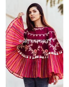 Vin profond Banjara Poncho 100% coton Boho Floral Style Tribal point de chaîne broderie doublure volant ourlet gland garniture respirant - Product Image 1